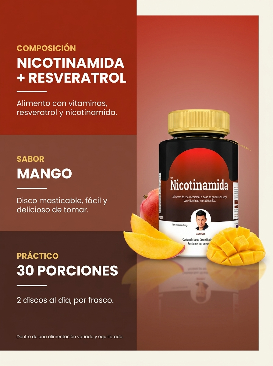Nicotinamida NAD+ · Con complejo B y magnesio · Sabor mango