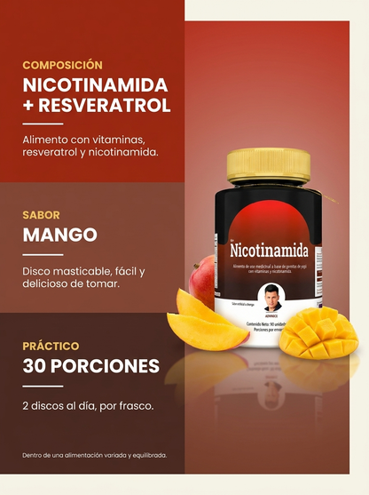 Nicotinamida NAD+ · Con complejo B y magnesio · Sabor mango